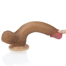 Фаллоимитатор на присоске с мошонкой мулат Dual-Layered Liquid Silicone 21 см